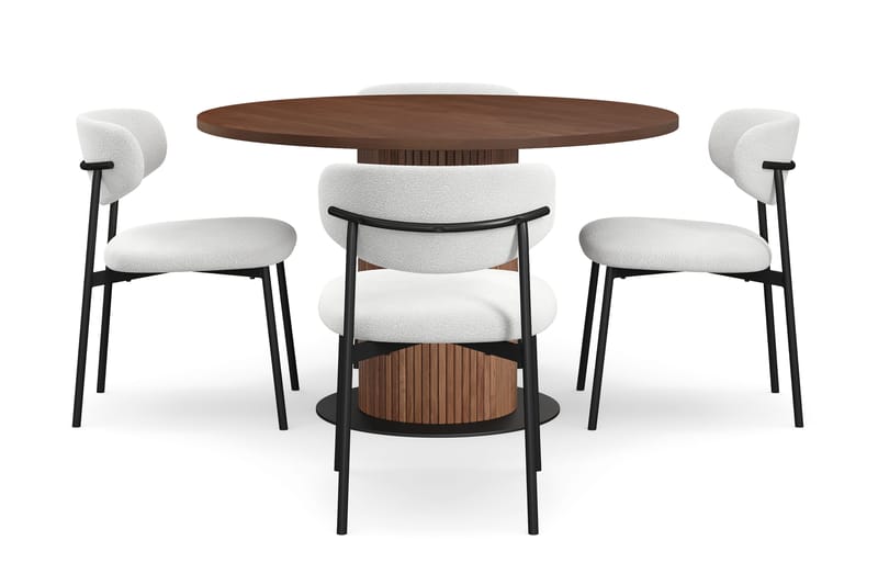 Noira Rundt Lille Spisebord Massiv Valnød 120 cm med 4 Lucy Spisestole - Brun / Hvid Bouclé / Metalben Sort - Møbler - Borde - Spisebordssæt