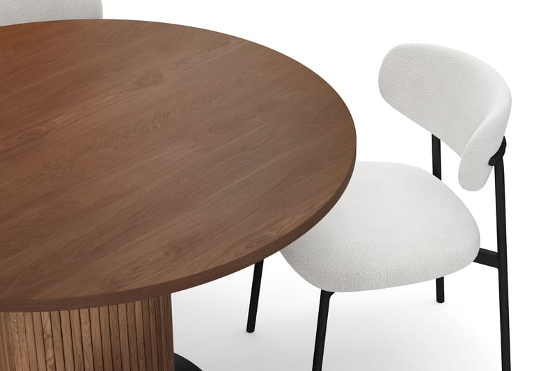 Noira Rundt Lille Spisebord Massiv Valnød 120 cm med 4 Lucy Spisestole - Brun / Hvid Bouclé / Metalben Sort - Møbler - Borde - Spisebordssæt