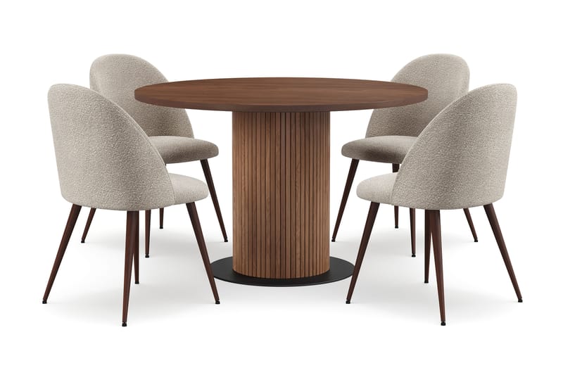 Noira Rundt Lille Spisebord Massiv Valnød 120 cm med 4 Nibe Plus Spisestole, Brun / Greige Bouclé / Metalben Valnød