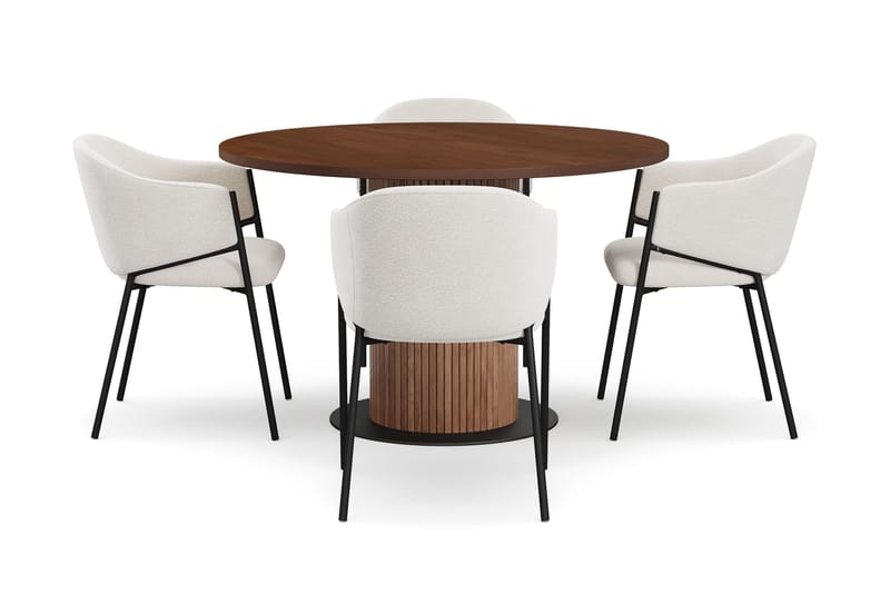Noira Runt Litet Matbord Valnöt 120 cm med 4 Filip Matstolar - Brun / Hvid Bouclé - Møbler - Borde - Spisebordssæt