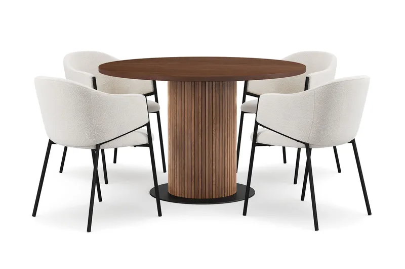 Noira Runt Litet Matbord Valnöt 120 cm med 4 Filip Matstolar, Brun / Hvid Bouclé