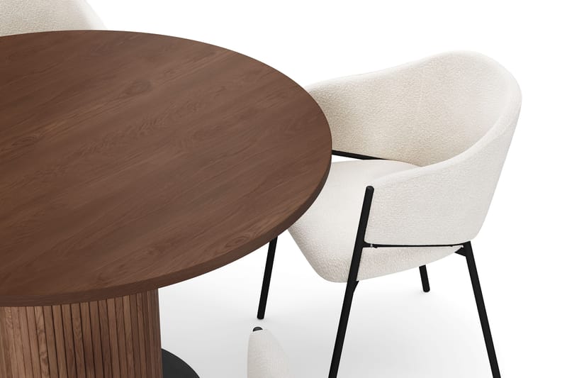 Noira Runt Litet Matbord Valnöt 120 cm med 4 Filip Matstolar - Brun / Hvid Bouclé - Møbler - Borde - Spisebordssæt