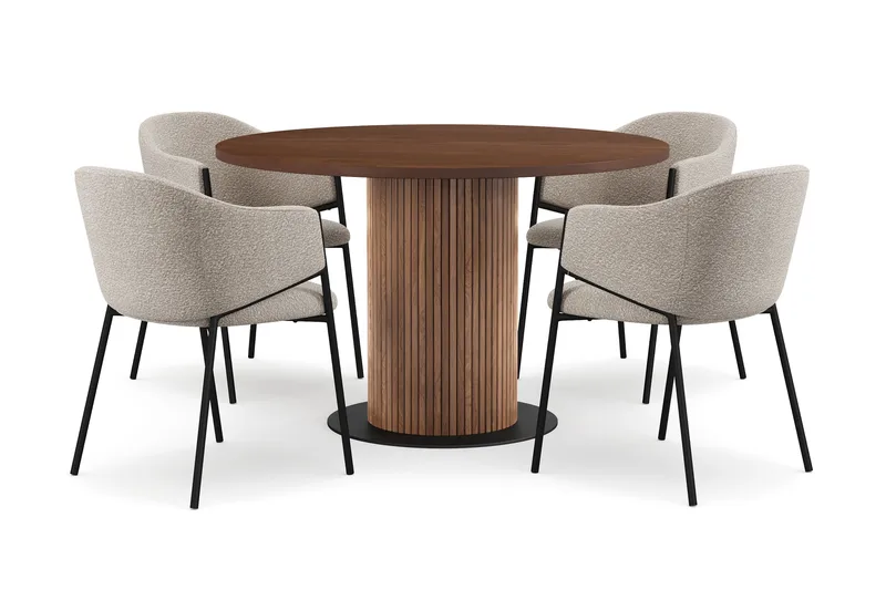 Noira Runt Litet Matbord Valnöt 120 cm med 4 Filip Matstolar, Brun / Taupe Bouclé