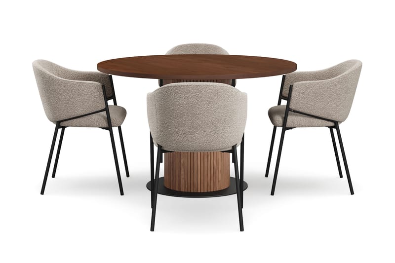 Noira Runt Litet Matbord Valnöt 120 cm med 4 Filip Matstolar - Brun / Taupe Bouclé - Møbler - Borde - Spisebordssæt