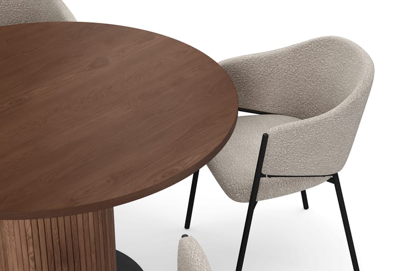 Noira Runt Litet Matbord Valnöt 120 cm med 4 Filip Matstolar - Brun / Taupe Bouclé - Møbler - Borde - Spisebordssæt
