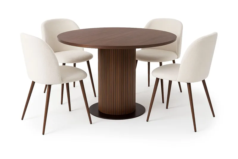 Noira Runt Litet Matbord Valnöt 120 cm med 4 Greya Matstolar med armstöd, Brun / Hvid Bouclé / Metalben Valnød