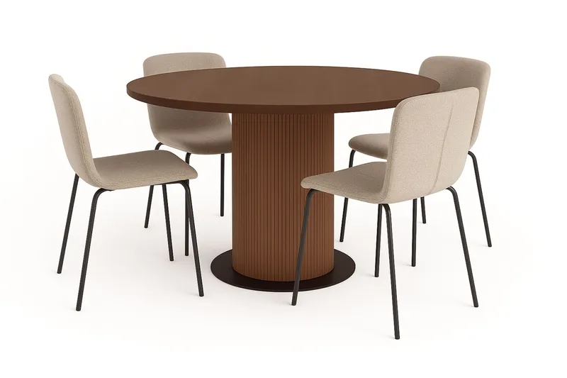 Noira Runt Litet Matbord Valnöt 120 cm med 4 Katy Matstolar, Brun / Greige Bouclé / Metalben Sort
