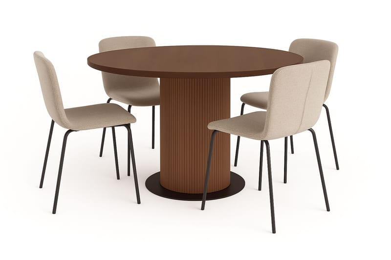 Noira Runt Litet Matbord Valnöt 120 cm med 4 Katy Matstolar, Brun / Greige Bouclé / Metalben Sort