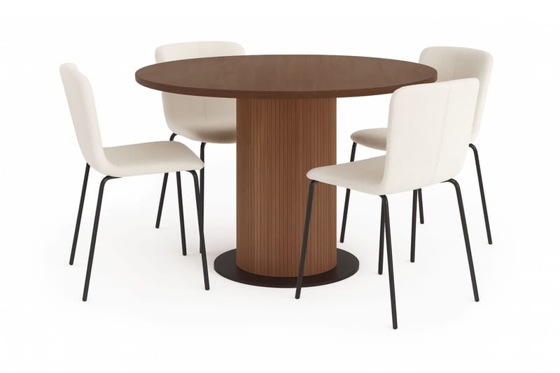 Noira Runt Litet Matbord Valnöt 120 cm med 4 Katy Matstolar, Brun / Hvid Bouclé / Metalben Sort