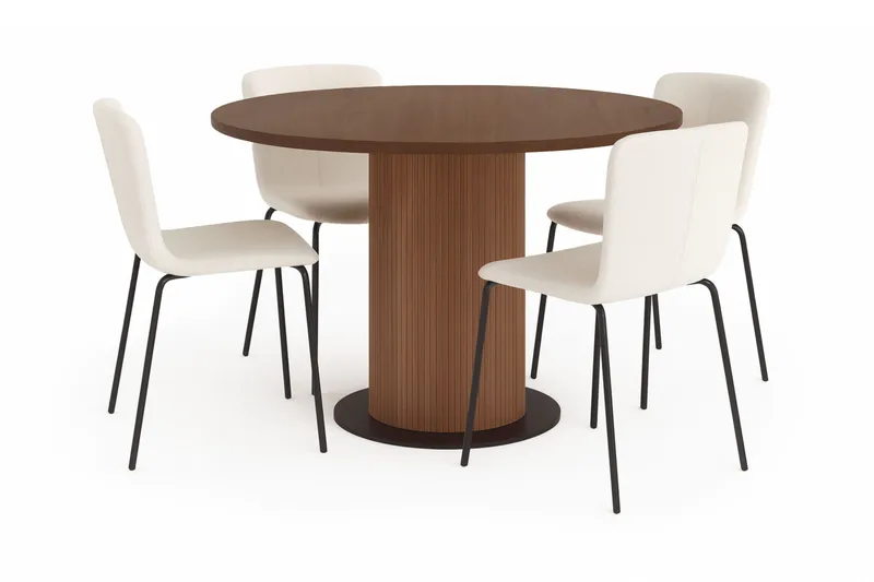 Noira Runt Litet Matbord Valnöt 120 cm med 4 Katy Matstolar, Brun / Hvid Bouclé / Metalben Sort