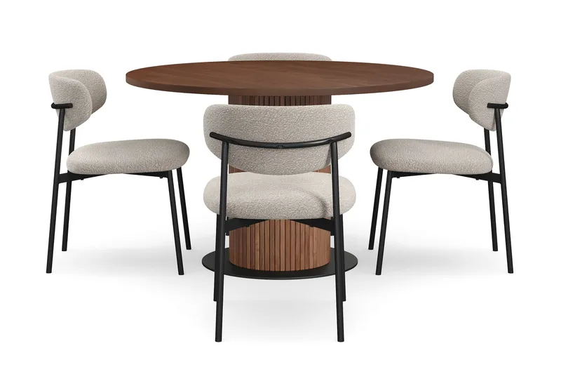 Noira Runt Litet Matbord Valnöt 120 cm med 4 Lucy Matstolar - Brun / Greige Bouclé / Metalben Sort - Møbler - Borde - Spisebordssæt