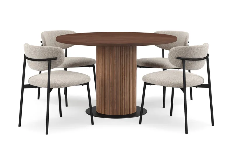 Noira Runt Litet Matbord Valnöt 120 cm med 4 Lucy Matstolar, Brun / Greige Bouclé / Metalben Sort