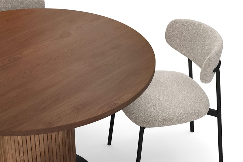 Noira Runt Litet Matbord Valnöt 120 cm med 4 Lucy Matstolar - Brun / Greige Bouclé / Metalben Sort - Møbler - Borde - Spisebordssæt