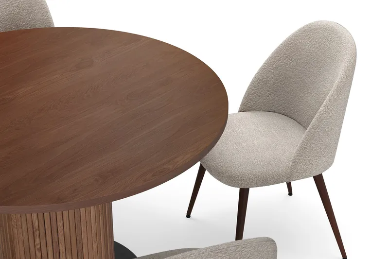 Noira Runt Litet Matbord Valnöt 120 cm med 4 Nibe Plus Matstolar - Brun / Greige Bouclé / Metalben Valnød - Møbler - Borde - Spisebordssæt