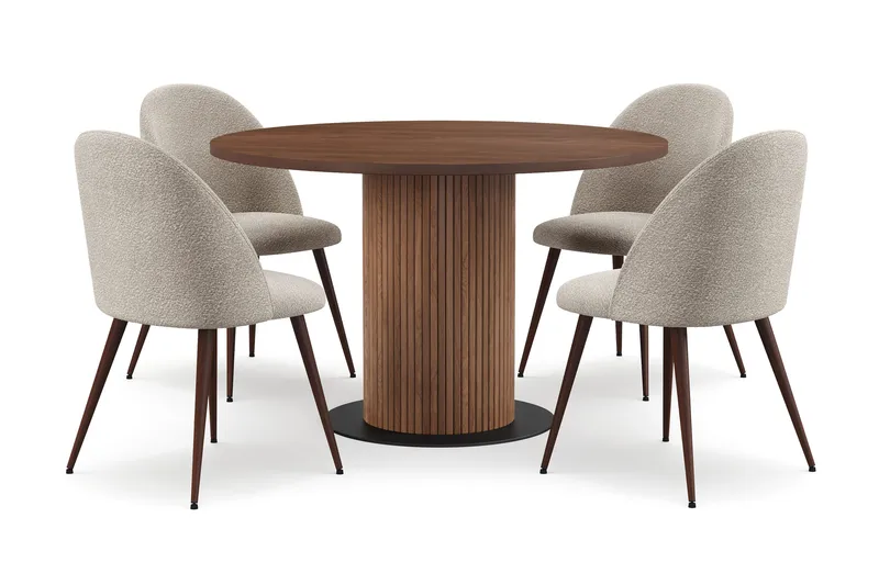 Noira Runt Litet Matbord Valnöt 120 cm med 4 Nibe Plus Matstolar, Brun / Greige Bouclé / Metalben Valnød