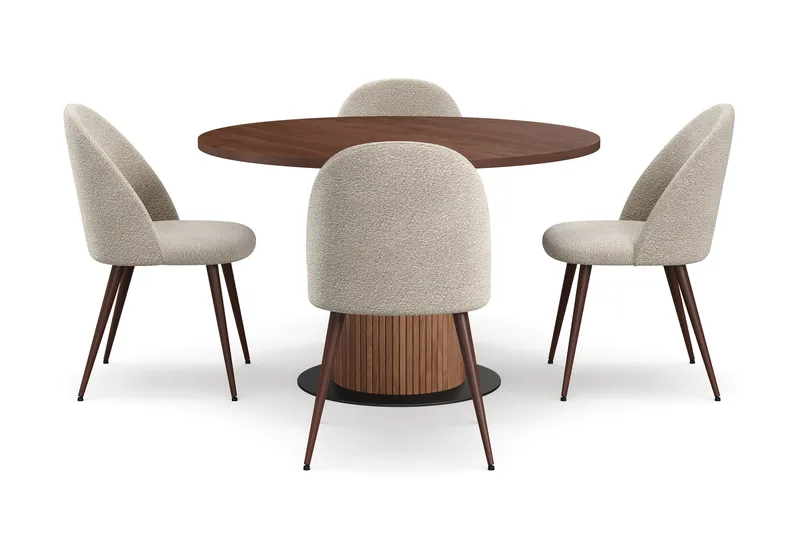 Noira Runt Litet Matbord Valnöt 120 cm med 4 Nibe Plus Matstolar - Brun / Greige Bouclé / Metalben Valnød - Møbler - Borde - Spisebordssæt
