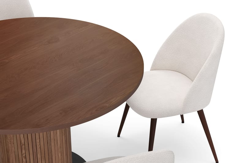 Noira Runt Litet Matbord Valnöt 120 cm med 4 Nibe Plus Matstolar - Brun / Hvid Bouclé / Metalben Valnød - Møbler - Borde - Spisebordssæt