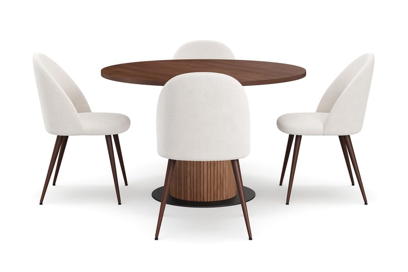 Noira Runt Litet Matbord Valnöt 120 cm med 4 Nibe Plus Matstolar - Brun / Hvid Bouclé / Metalben Valnød - Møbler - Borde - Spisebordssæt