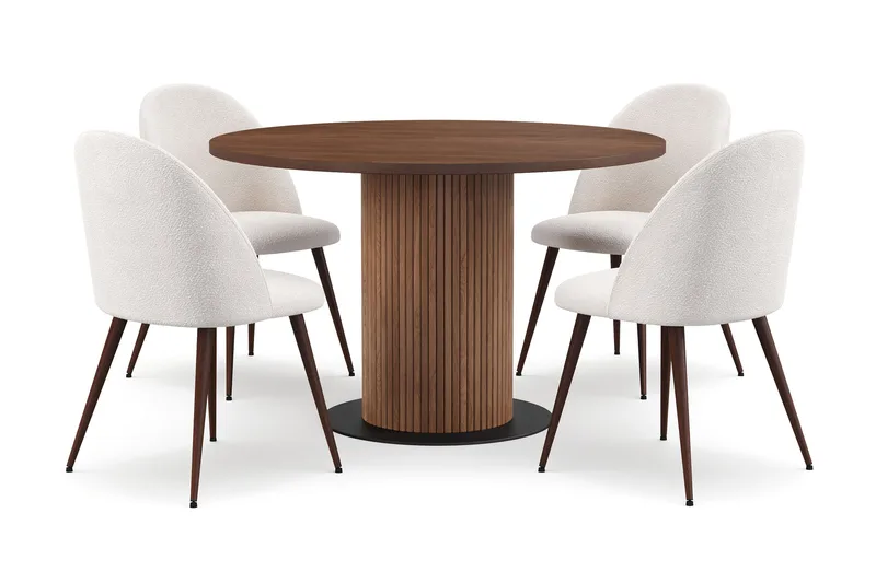 Noira Runt Litet Matbord Valnöt 120 cm med 4 Nibe Plus Matstolar, Brun / Hvid Bouclé / Metalben Valnød