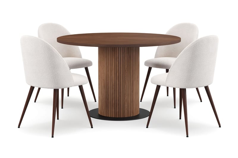 Noira Runt Litet Matbord Valnöt 120 cm med 4 Nibe Plus Matstolar, Brun / Hvid Bouclé / Metalben Valnød