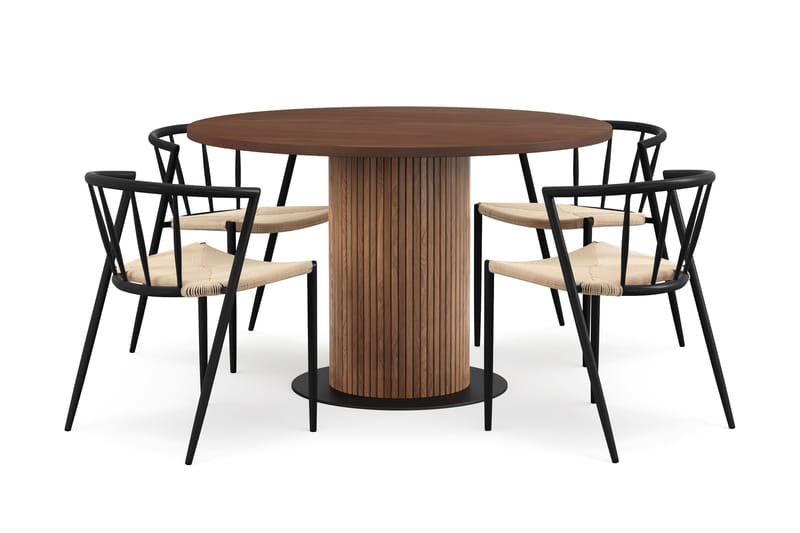 Noira Runt Litet Matbord Valnöt 120 cm med 4 Winston Matstolar, Brun / Beige / Metalben Sort