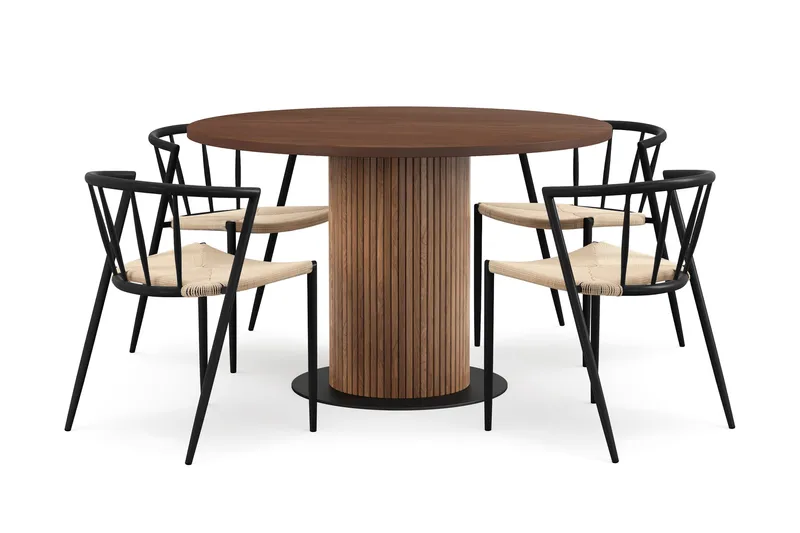 Noira Runt Litet Matbord Valnöt 120 cm med 4 Winston Matstolar, Brun / Beige / Metalben Sort