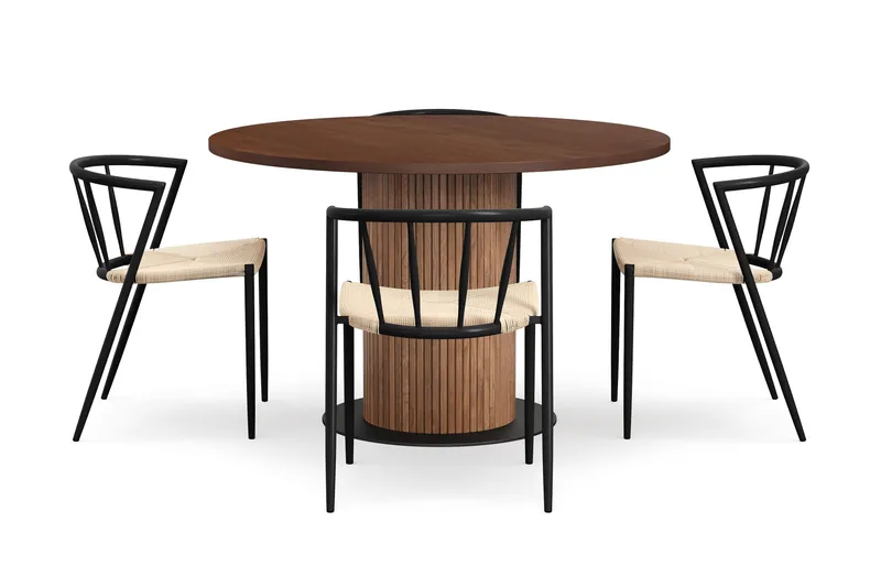Noira Runt Litet Matbord Valnöt 120 cm med 4 Winston Matstolar - Brun / Beige / Metalben Sort - Møbler - Borde - Spisebordssæt