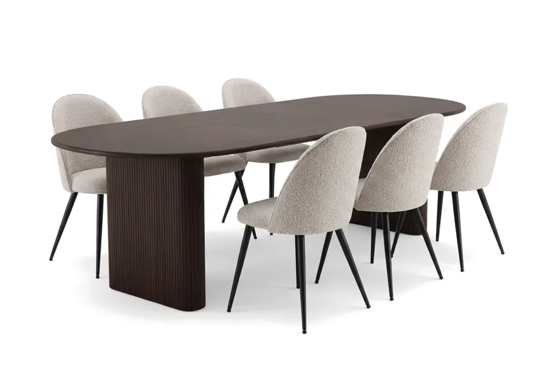 Noira spisebordssæt 220-320 cm med udtræk og 6 Nibe Plus spisestole, Røget eg