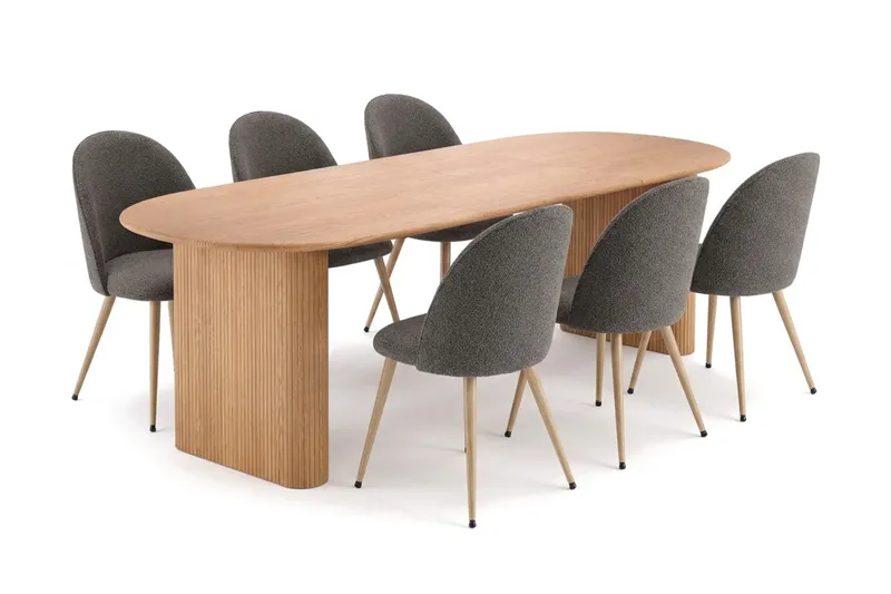 Noira spisebordssæt 220-320 cm med udtræk og 6 Nibe Plus spisestole, Eg