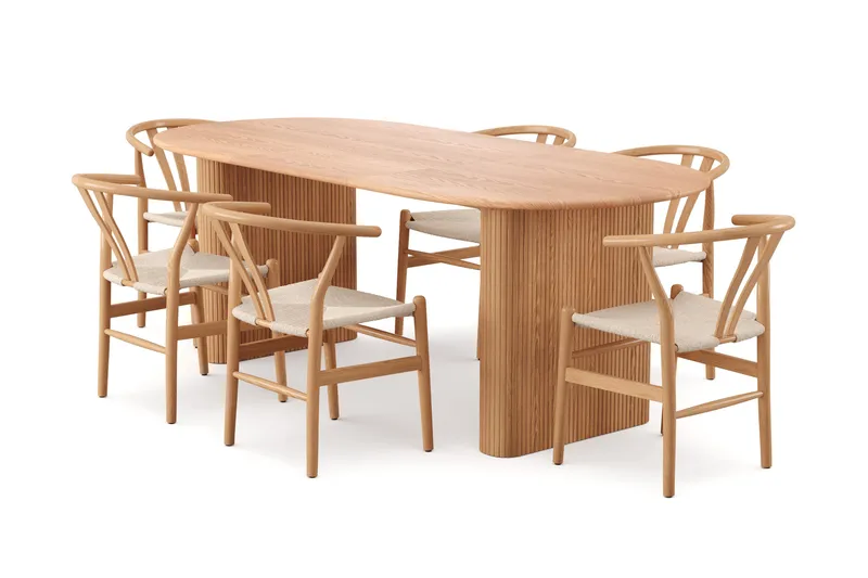 Noira spisegruppe, udtrækkelig 160-220 cm, eg med 6 Dastoori-spisebordsstole, Eg