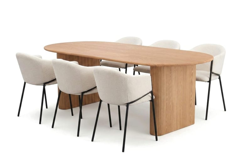 Noira spisegruppe, udtrækkelig 160-220 cm, eg med 6 Filip spisebordsstole, Eg