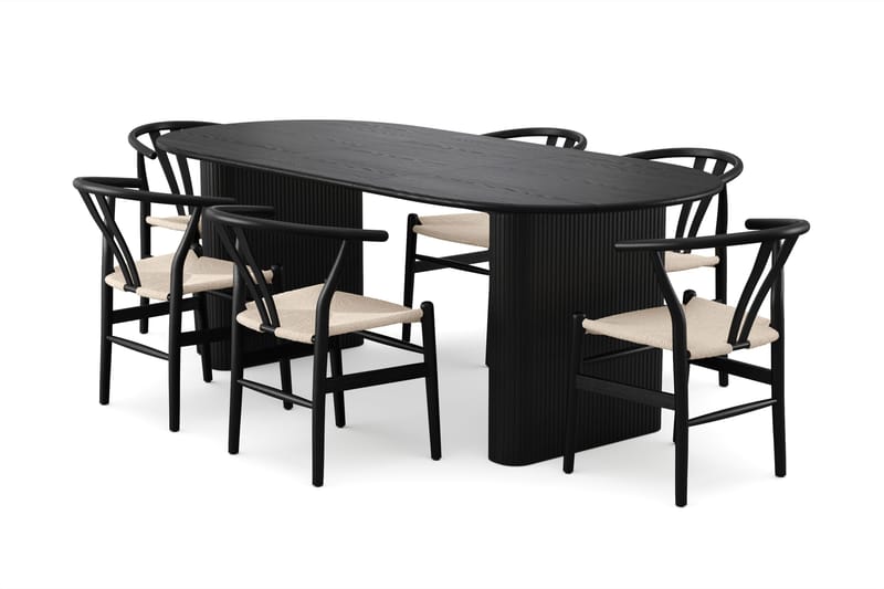 Noira spisegruppe, udtrækkelig 160-220 cm, sort med 6 Dastoori-spisebordsstole, Sort