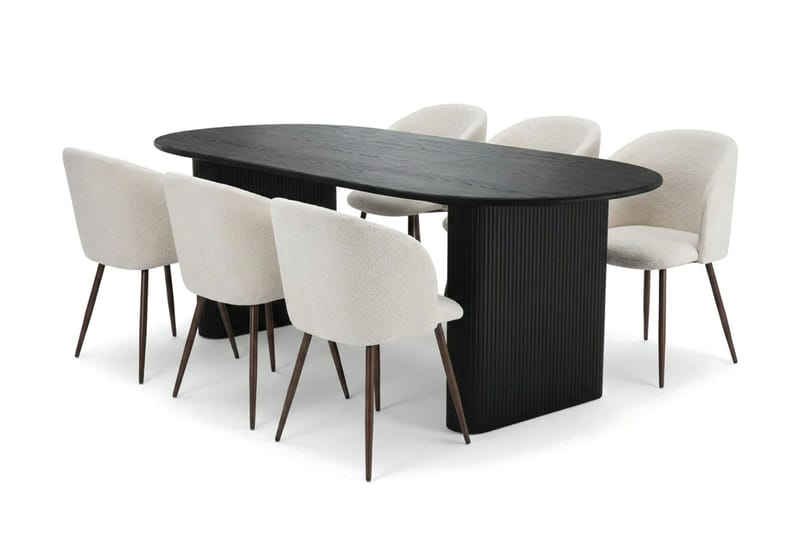 Noira spisegruppe, udtrækkelig 160-220 cm, sort med 6 Greya spisestole, Sortbejdset eg