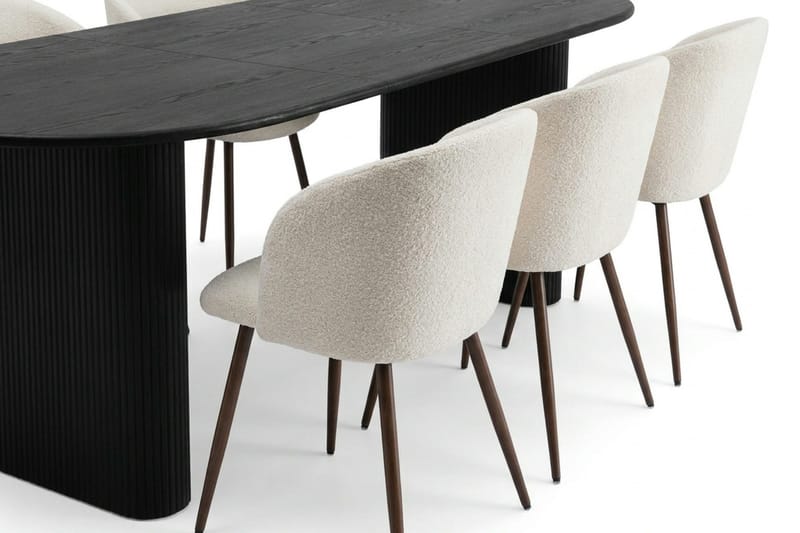 Noira spisegruppe, udtrækkelig 160-220 cm, sort med 6 Greya spisestole - Sortbejdset eg - Møbler - Borde - Spisebordssæt