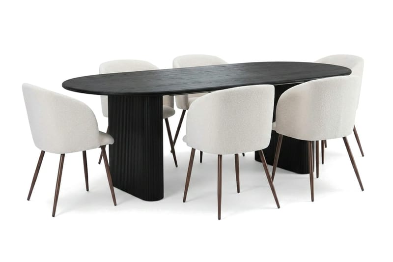 Noira spisegruppe, udtrækkelig 160-220 cm, sort med 6 Greya spisestole - Sortbejdset eg - Møbler - Borde - Spisebordssæt