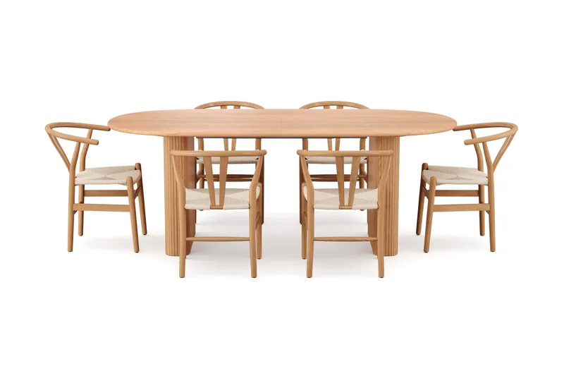Noira spisegruppe, udtrækkelig 220-320 cm, eg med 8 Dastoori spisestole - Eg - Møbler - Borde - Spisebordssæt