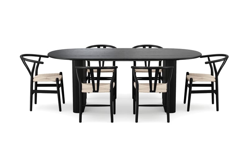 Noira spisegruppe, udtrækkeligt 220-320 cm, sort med 6 Dastoori spisestole - Sort - Møbler - Borde - Spisebordssæt