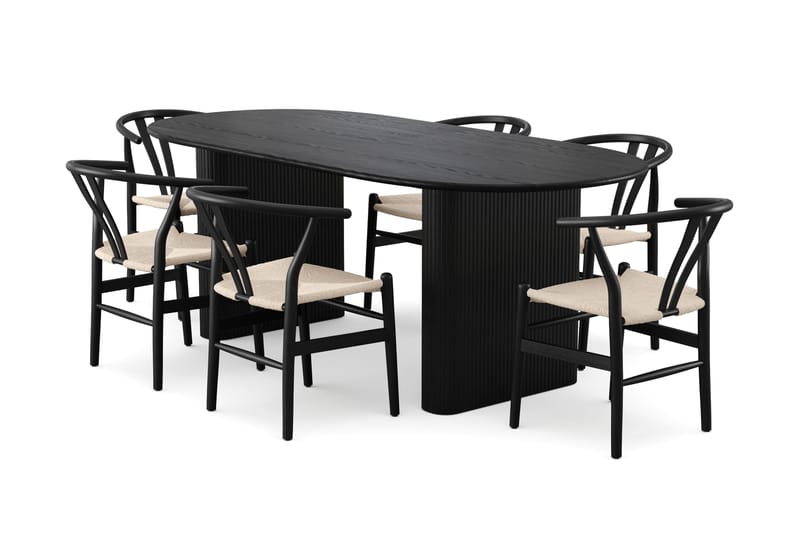 Noira spisegruppe, udtrækkeligt 220-320 cm, sort med 6 Dastoori spisestole, Sort