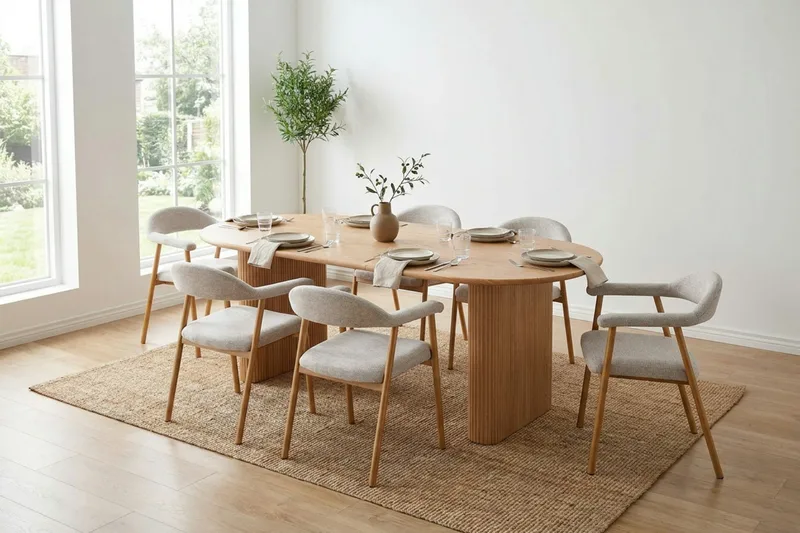 Noira spisegruppe 160-220 cm udtrækkeligt i eg med 6 Ronja spisestole - Sand/Eg - Møbler - Borde - Spisebordssæt