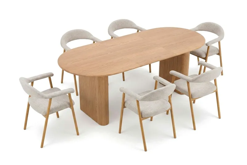 Noira spisegruppe 160-220 cm udtrækkeligt i eg med 6 Ronja spisestole - Sand/Eg - Møbler - Borde - Spisebordssæt