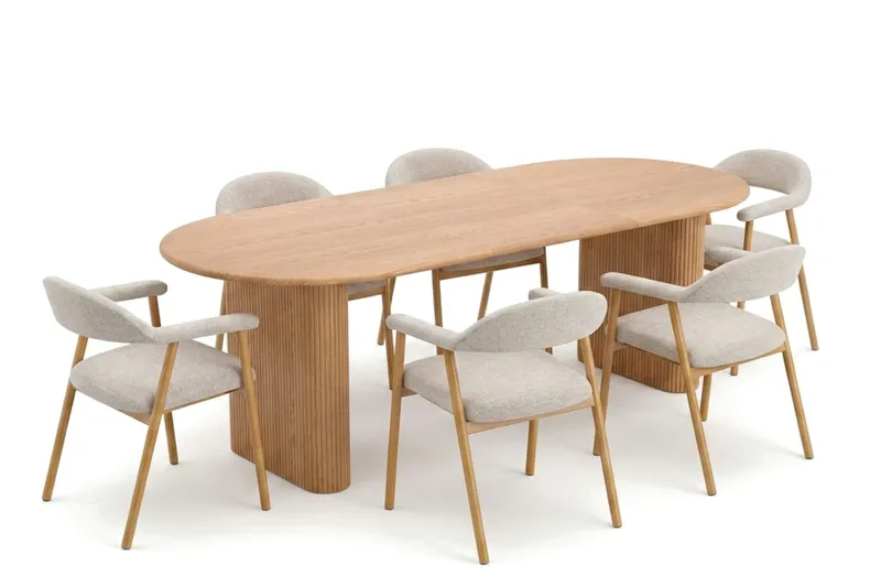 Noira spisegruppe 160-220 cm udtrækkeligt i eg med 6 Ronja spisestole, Sand/Eg