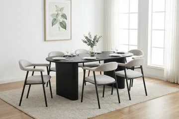 Noira spisegruppe 180 cm rektangulært i sort med 6 Ronja spisestole - Sortbejdset eg - Møbler - Borde - Spisebordssæt