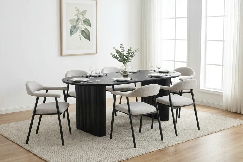 Noira spisegruppe 180 cm rektangulært i sort med 6 Ronja spisestole - Sortbejdset eg - Møbler - Borde - Spisebordssæt
