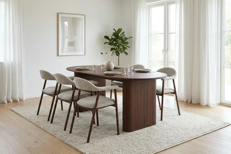 Noira spisegruppe 180 cm rektangulært i valnød med 6 Ronja spisestole - Sand/Valnød - Møbler - Borde - Spisebordssæt