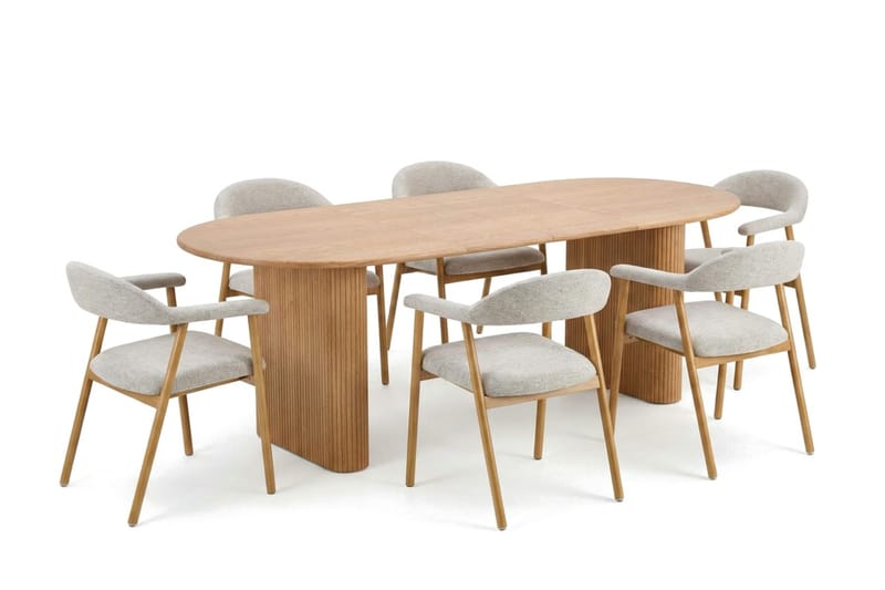 Noira spisegruppe 220-320 cm udtrækkeligt i eg med 6 Ronja spisestole - Sand/Eg - Møbler - Borde - Spisebordssæt