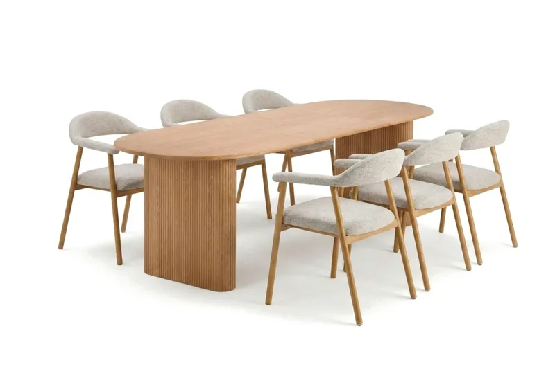 Noira spisegruppe 220-320 cm udtrækkeligt i eg med 6 Ronja spisestole, Sand/Eg