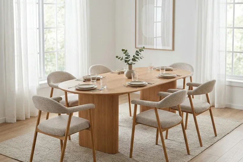 Noira spisegruppe 220-320 cm udtrækkeligt i eg med 6 Ronja spisestole - Sand/Eg - Møbler - Borde - Spisebordssæt