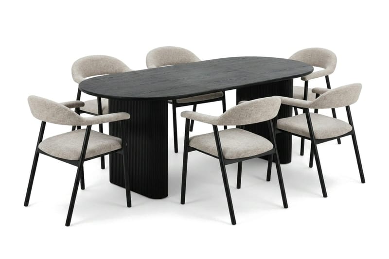 Noira spisegruppe 220-320 cm udtrækkeligt i sort med 6 Ronja spisestole, Sortbejdset eg