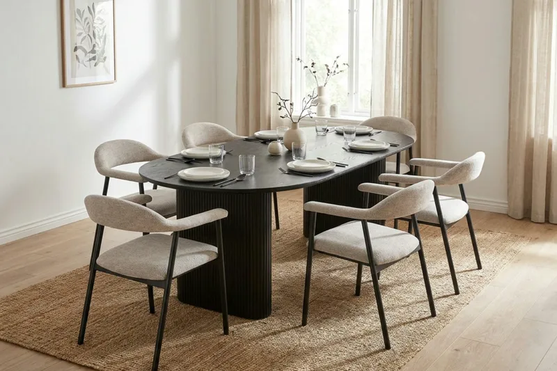Noira spisegruppe 220-320 cm udtrækkeligt i sort med 6 Ronja spisestole - Sortbejdset eg - Møbler - Borde - Spisebordssæt