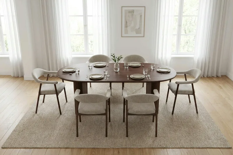 Noira spisegruppe 220 cm rektangulær i valnød med 6 Ronja spisestole - Sand/Valnød - Møbler - Borde - Spisebordssæt